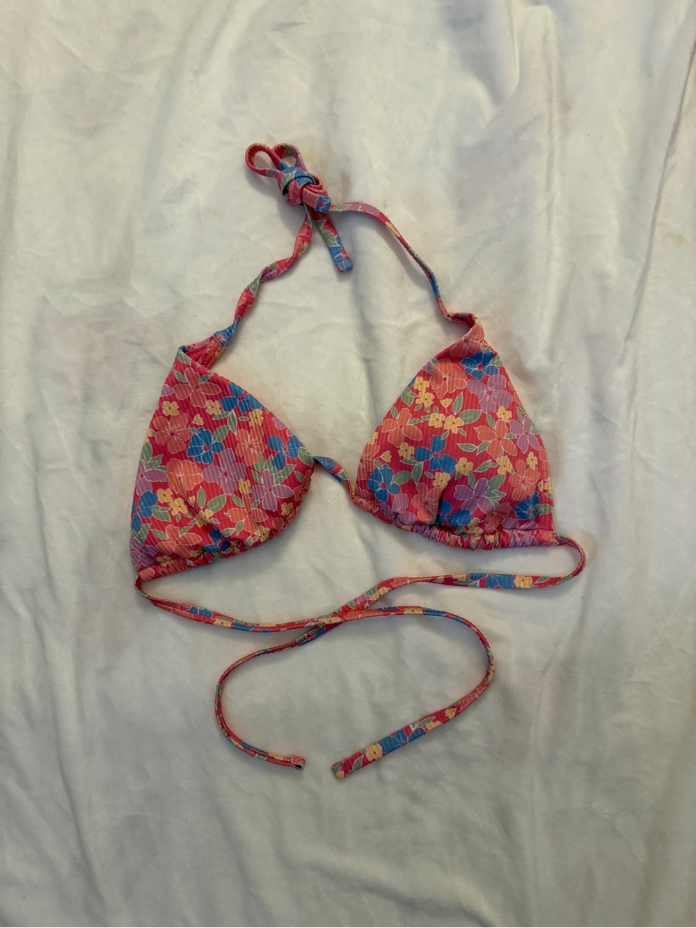 Hollister Coral Floral Triangle Bikini Top with Blue & Yellow Accents